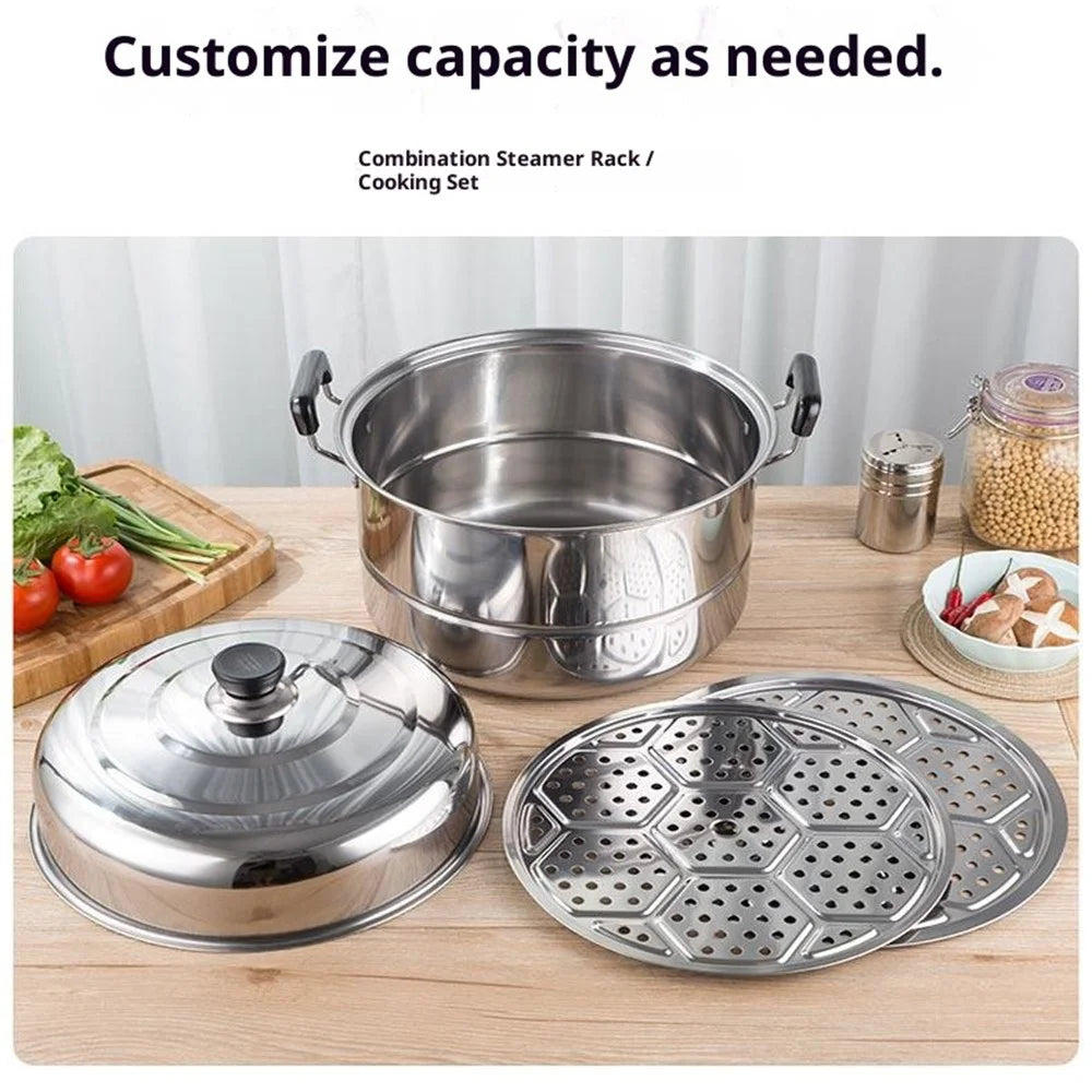 Stainless Steel Stack and Steam Pot Set 26cm 2-Layer Steamer with 2PCS Steamer Trays for Vegetable, Dumpling - 2