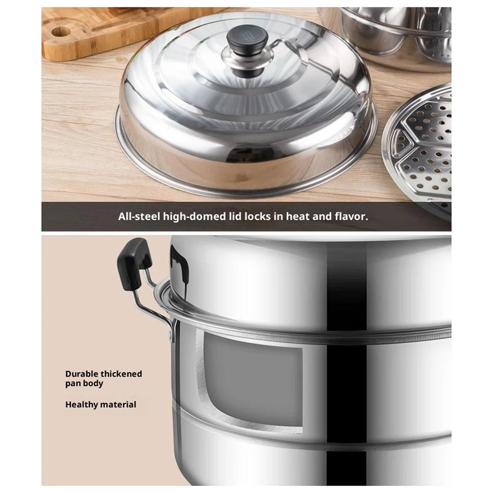 Stainless Steel Stack and Steam Pot Set 26cm 2-Layer Steamer with 2PCS Steamer Trays for Vegetable, Dumpling - 6
