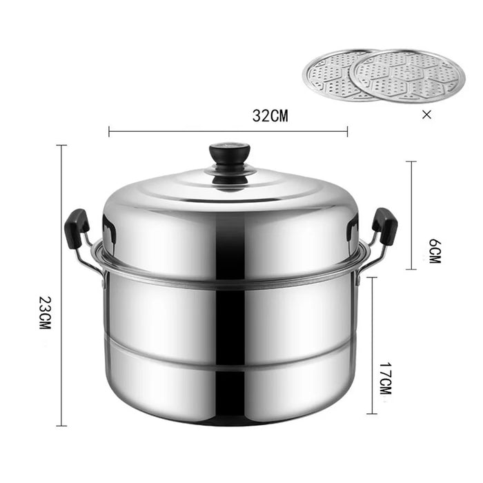 Stainless Steel Stack and Steam Pot Set 32cm 2-Layer Steamer with 2PCS Steamer Trays for Vegetable, Dumpling - 1