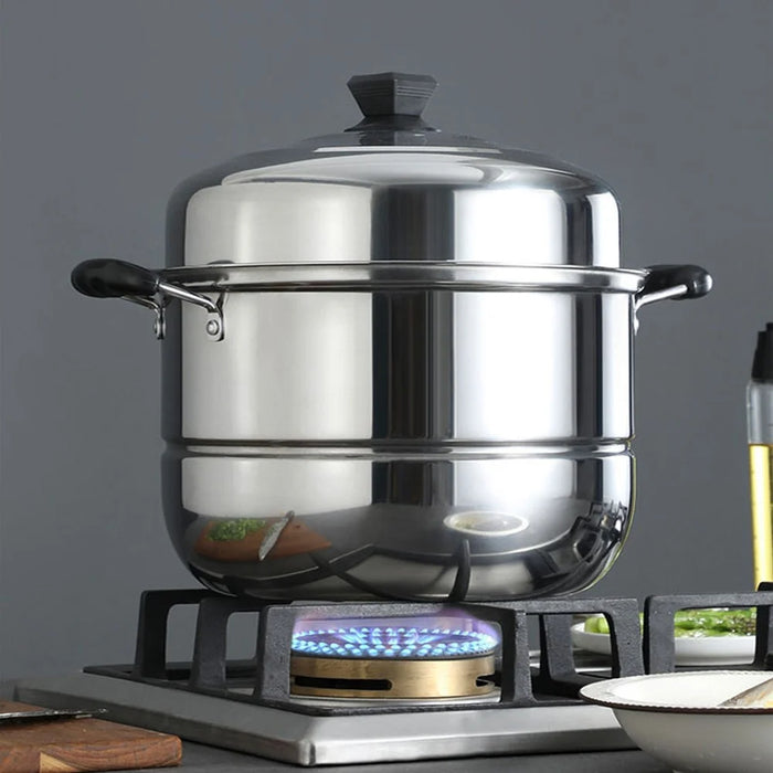 Stainless Steel Stack and Steam Pot Set 36cm 2-Layer Steamer with 2PCS Steamer Trays for Vegetable, Dumpling - 3