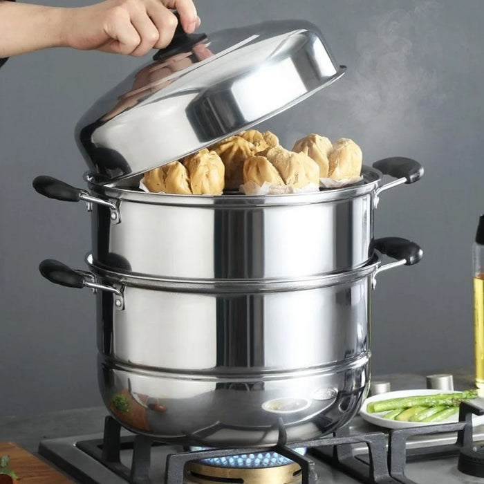 Stainless Steel 3-Tier Steamer Pot 26cm Steaming Pot Cookware with 2PCS Steaming Trays for Induction  /  Gas Stove - 2