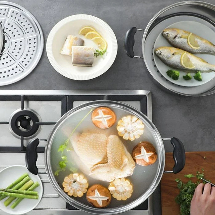 Stainless Steel 3-Tier Steamer Pot 26cm Steaming Pot Cookware with 2PCS Steaming Trays for Induction  /  Gas Stove - 3