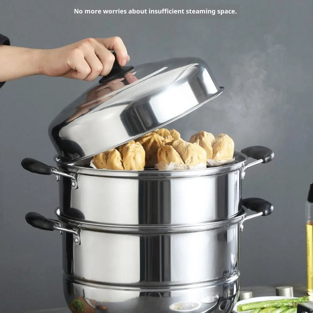 Stainless Steel 3-Tier Steamer Pot 36cm Steaming Pot Cookware with 2PCS Steaming Trays for Induction  /  Gas Stove - 3