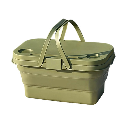 PP Outdoor Picnic Basket with Lid Dustproof Moisture Resistant Storage Basket Foldable Picnic Organizer Box - Army Green - 1