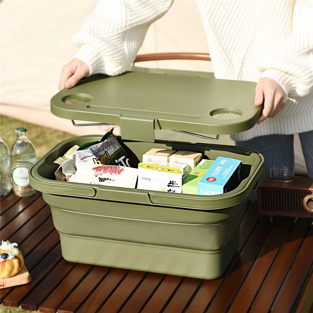 PP Outdoor Picnic Basket with Lid Dustproof Moisture Resistant Storage Basket Foldable Picnic Organizer Box - Army Green - 4
