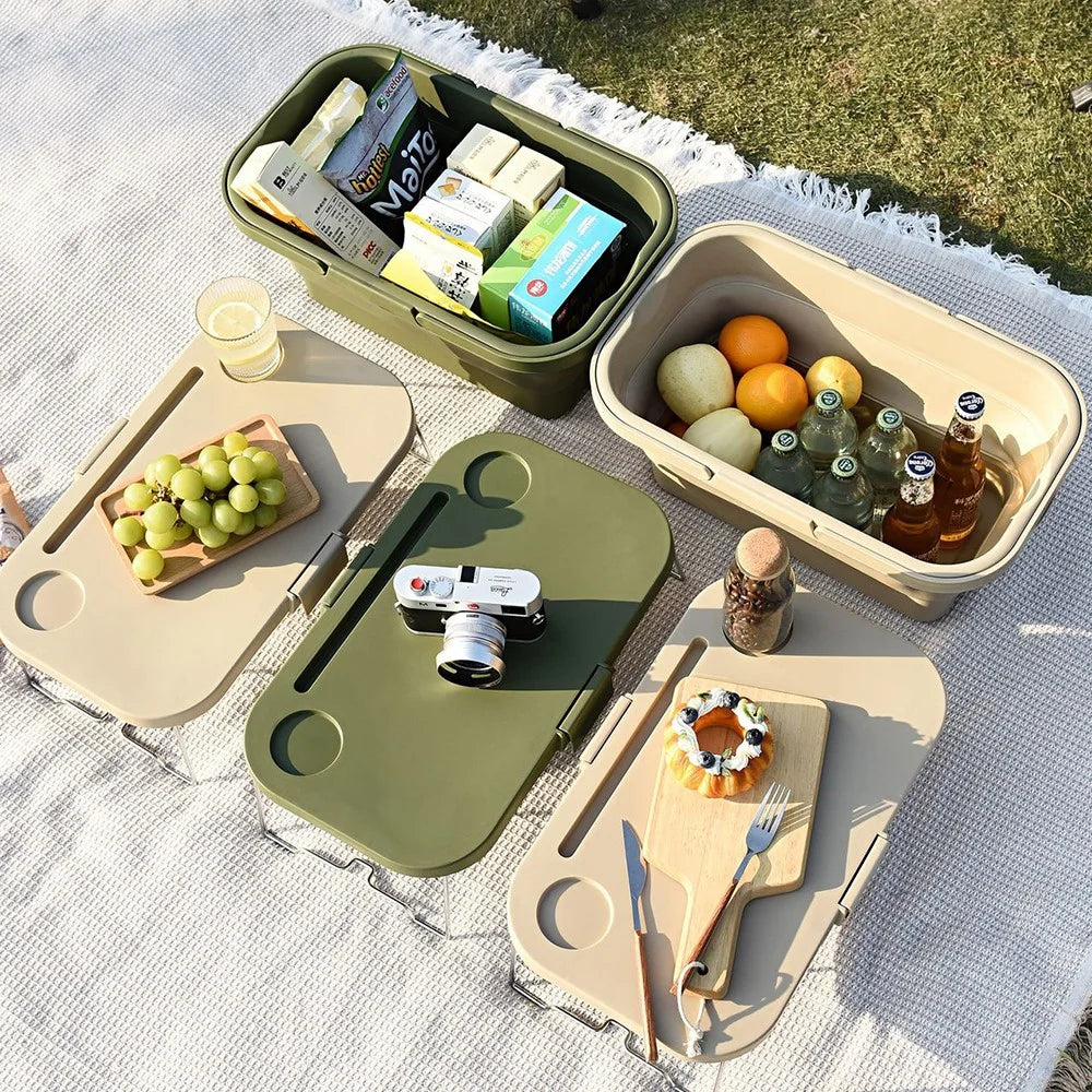PP Outdoor Picnic Basket with Lid Dustproof Moisture Resistant Storage Basket Foldable Picnic Organizer Box - Army Green - 6