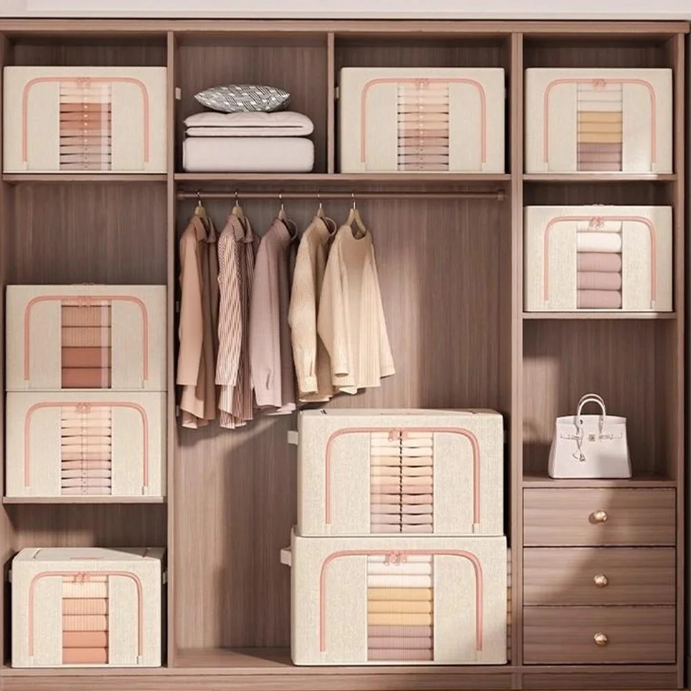 60x45x40cm Large Capacity Foldable Storage Box Wardrobe Clothing Organizer with Clear Window - Single Window / Apricot - 6