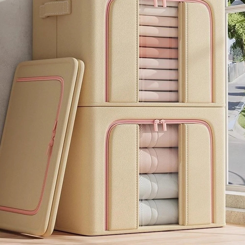 60x45x40cm Large Capacity Foldable Storage Box Wardrobe Clothing Organizer with Clear Window - Single Window / Apricot - 7