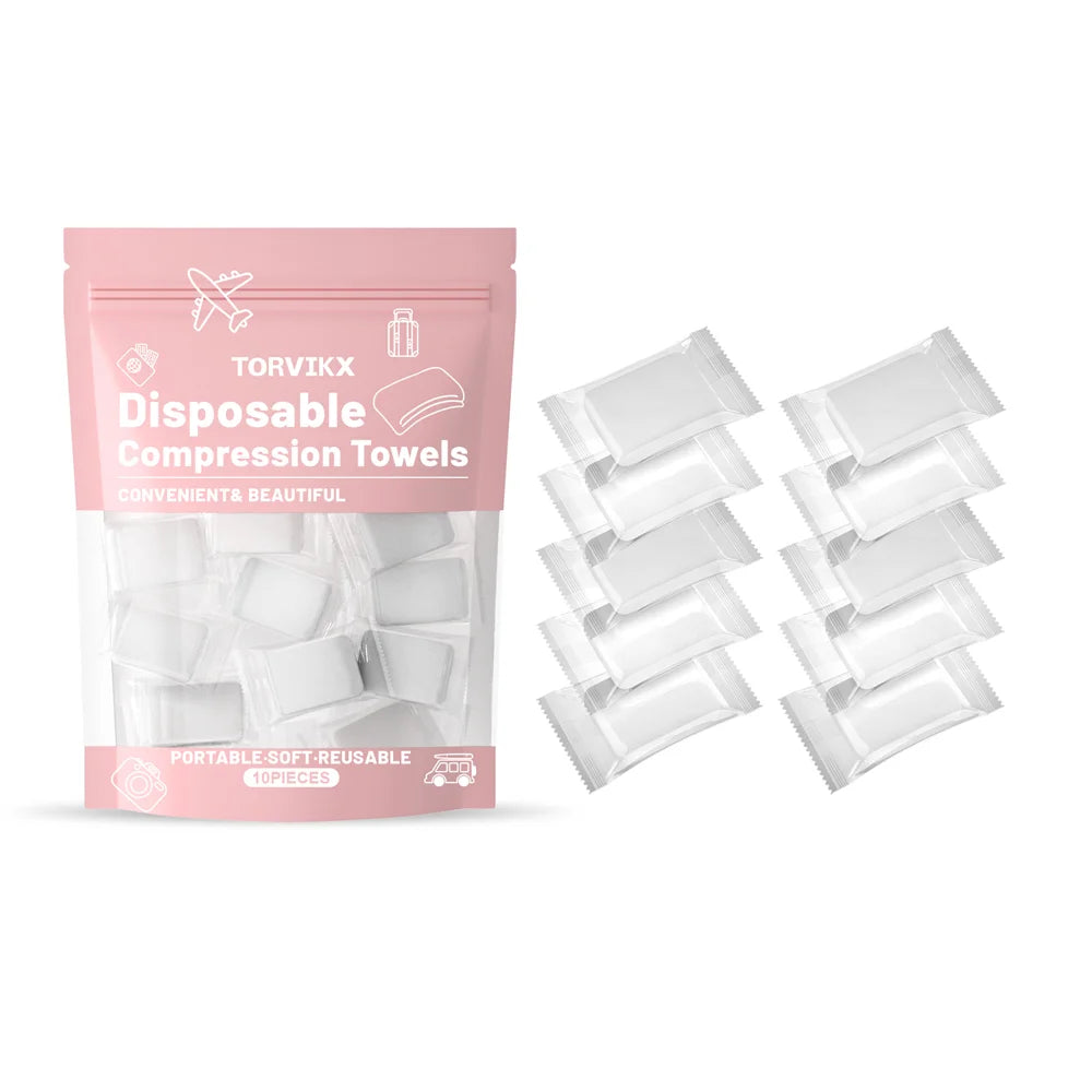 TORVIKX 10Pcs Compressed Towels for Outdoor Travel Portable Disposable Facial Wipe Cleaning Towels - 10 Pieces - 1