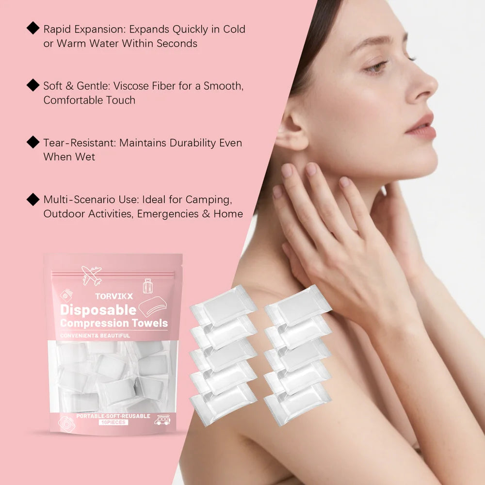 TORVIKX 10Pcs Compressed Towels for Outdoor Travel Portable Disposable Facial Wipe Cleaning Towels - 10 Pieces - 3