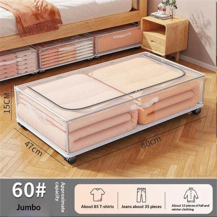 80x47x15cm Under Bed Storage Box with Wheels Large Capacity Clear Organizer for Clothes Bedding - 2