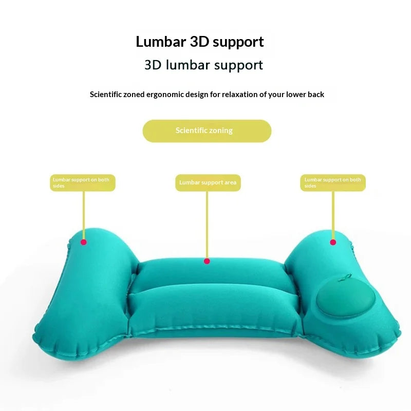Press Auto Inflatable Lumbar Pillow Milk Silk H-Shape Back Support Cushion for Travel Car Train - Peacock Blue - 2