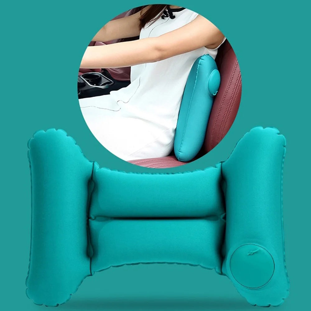 Press Auto Inflatable Lumbar Pillow Milk Silk H-Shape Back Support Cushion for Travel Car Train - Peacock Blue - 5