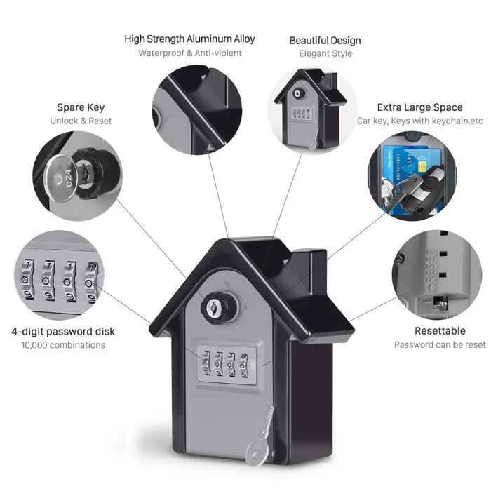 House Shaped 4-digit Combination Lock Box with 2 Keys Large Space Metal Secure Storage for Home Office Hotel - Silver Gray - 6