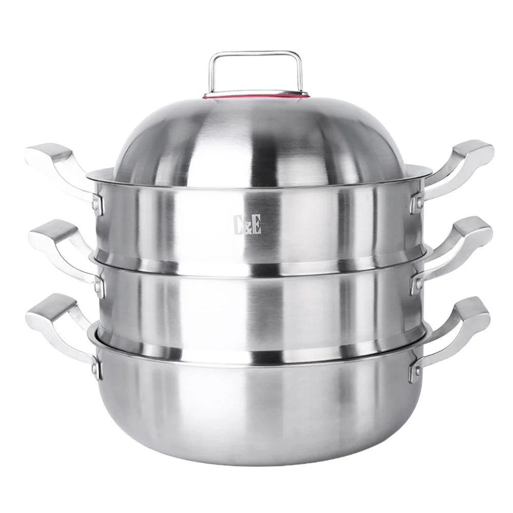 C&E 28cm 3-Tier Steamer Pot 304 Stainless Steel Multi-Functional Soup Stockpot for Home Cooking (BPA Free, No FDA) - Silver - 1