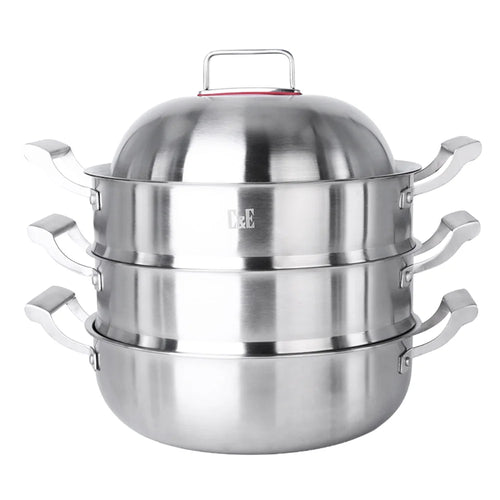 C&E 28cm 3-Tier Steamer Pot 304 Stainless Steel Multi-Functional Soup Stockpot for Home Cooking (BPA Free, No FDA) - Silver - 1