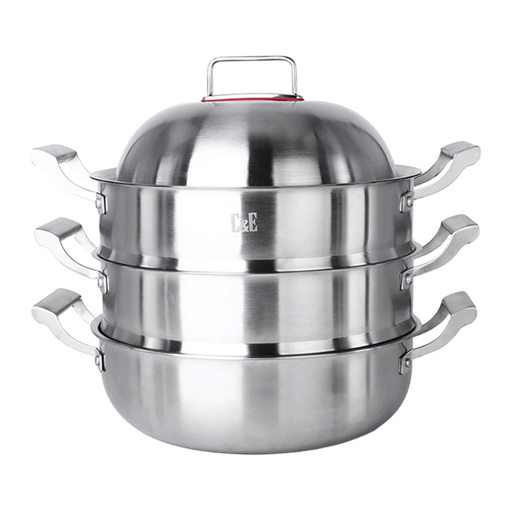 C&E 30cm 3-Tier Steamer Pot 304 Stainless Steel Multi-Functional Soup Stockpot for Home Cooking (BPA Free, No FDA) - Silver - 1
