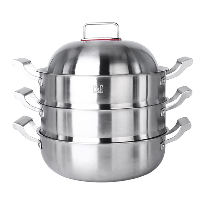 C&E 30cm 3-Tier Steamer Pot 304 Stainless Steel Multi-Functional Soup Stockpot for Home Cooking (BPA Free, No FDA) - Silver - 1