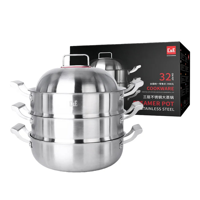 C&E 32cm 3-Tier Steamer Pot 304 Stainless Steel Multi-Functional Soup Stockpot for Home Cooking (BPA Free, No FDA) - Silver - 1