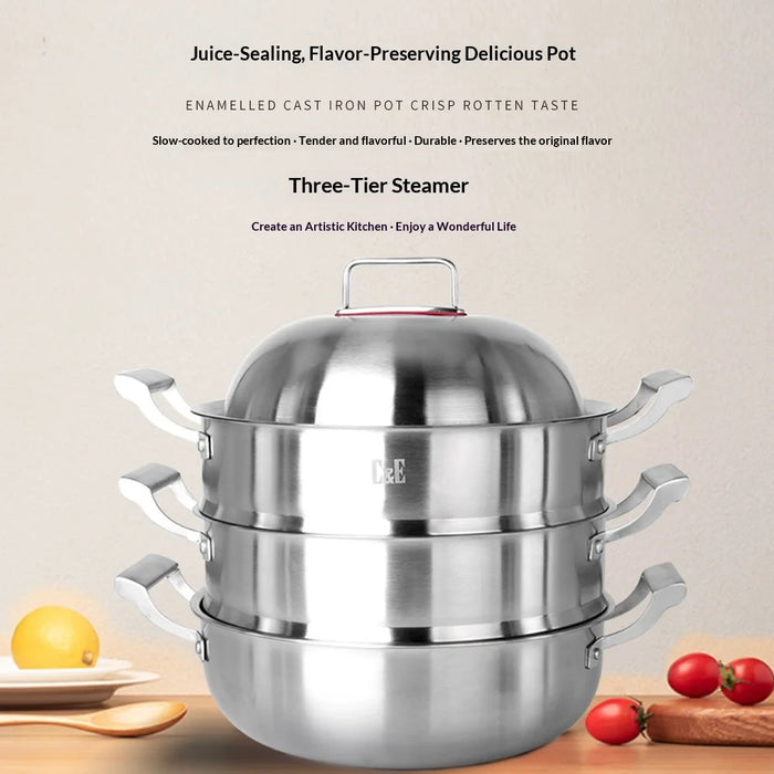 C&E 32cm 3-Tier Steamer Pot 304 Stainless Steel Multi-Functional Soup Stockpot for Home Cooking (BPA Free, No FDA) - Silver - 2