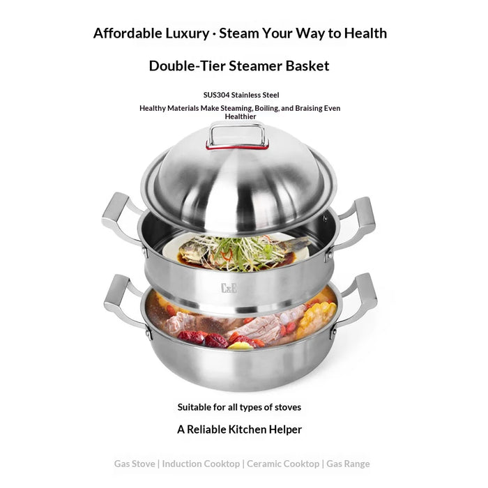 C&E 32cm 3-Tier Steamer Pot 304 Stainless Steel Multi-Functional Soup Stockpot for Home Cooking (BPA Free, No FDA) - Silver - 3