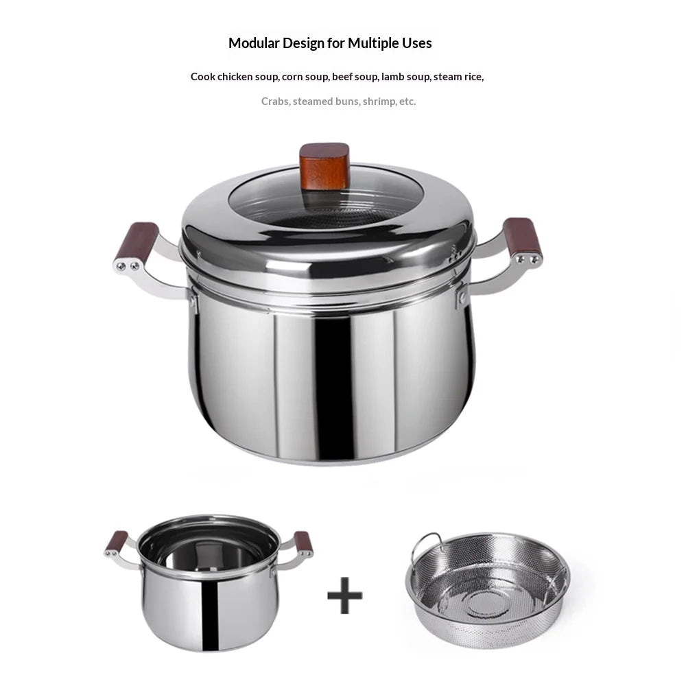 C&E 22cm Steamer Pot 304 Stainless Steel Composite Base Low-Sugar Rice Cooker with Beech Wood Handle (BPA Free, No FDA) - Silver - 2