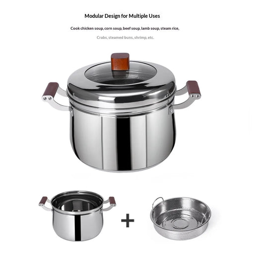 C&E 22cm Steamer Pot 304 Stainless Steel Composite Base Low-Sugar Rice Cooker with Beech Wood Handle (BPA Free, No FDA) - Silver - 2