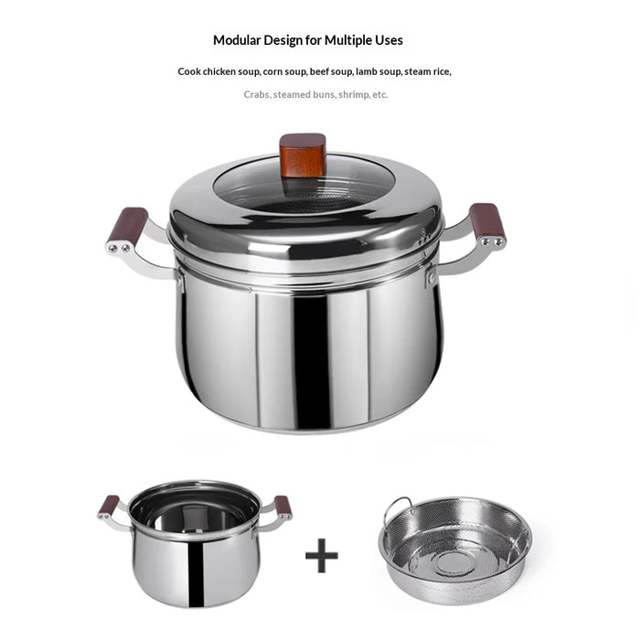 C&E 22cm Steamer Pot 304 Stainless Steel Composite Base Low-Sugar Rice Cooker with Beech Wood Handle (BPA Free, No FDA) - Silver - 2