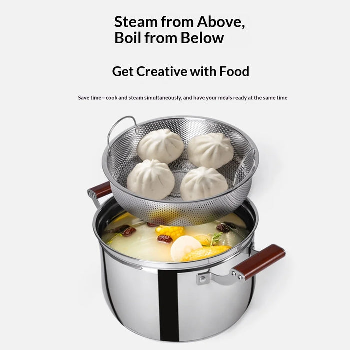 C&E 22cm Steamer Pot 304 Stainless Steel Composite Base Low-Sugar Rice Cooker with Beech Wood Handle (BPA Free, No FDA) - Silver - 3