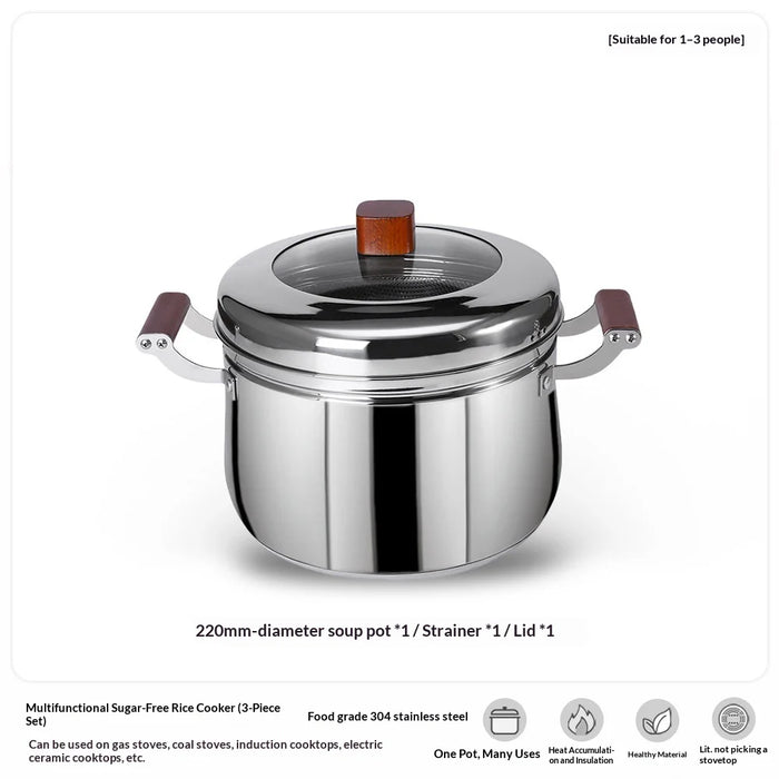 C&E 22cm Steamer Pot 304 Stainless Steel Composite Base Low-Sugar Rice Cooker with Beech Wood Handle (BPA Free, No FDA) - Silver - 5