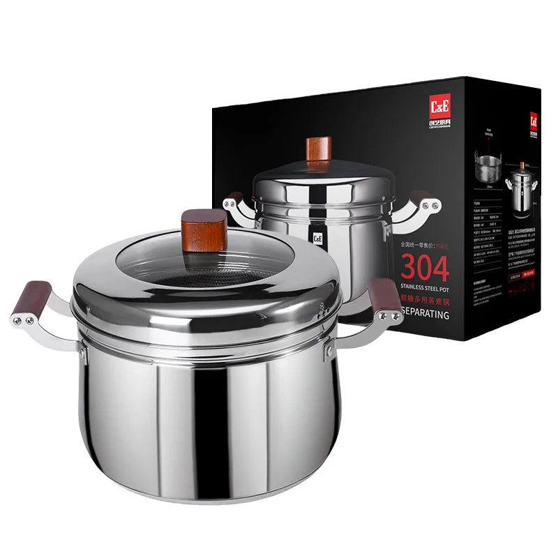 C&E 24cm Steamer Pot 304 Stainless Steel Composite Base Low-Sugar Rice Cooker with Beech Wood Handle (BPA Free, No FDA) - Silver - 1