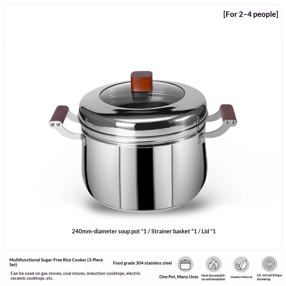 C&E 24cm Steamer Pot 304 Stainless Steel Composite Base Low-Sugar Rice Cooker with Beech Wood Handle (BPA Free, No FDA) - Silver - 5