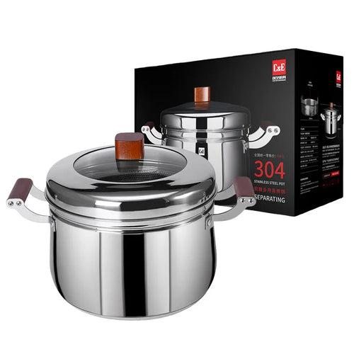 C&E 26cm Steamer Pot 304 Stainless Steel Composite Base Low-Sugar Rice Cooker with Beech Wood Handle (BPA Free, No FDA) - Silver - 1
