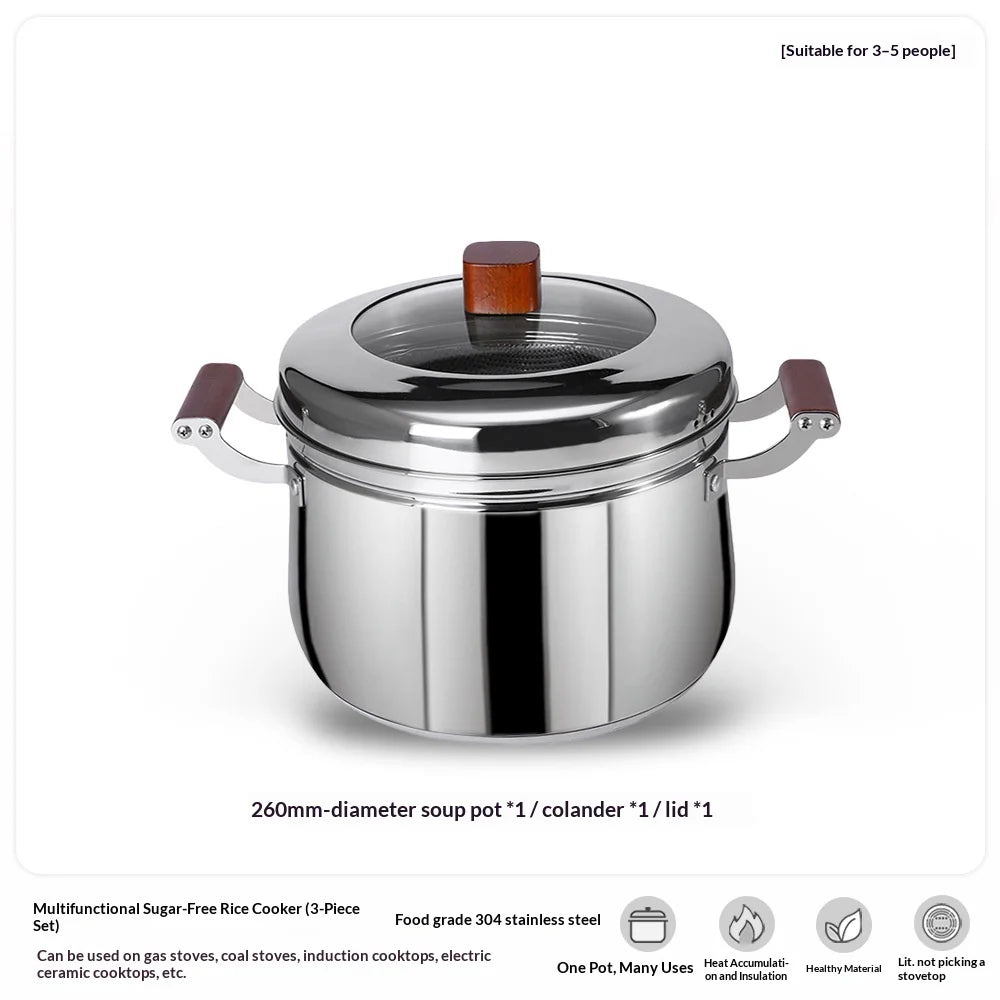 C&E 26cm Steamer Pot 304 Stainless Steel Composite Base Low-Sugar Rice Cooker with Beech Wood Handle (BPA Free, No FDA) - Silver - 5