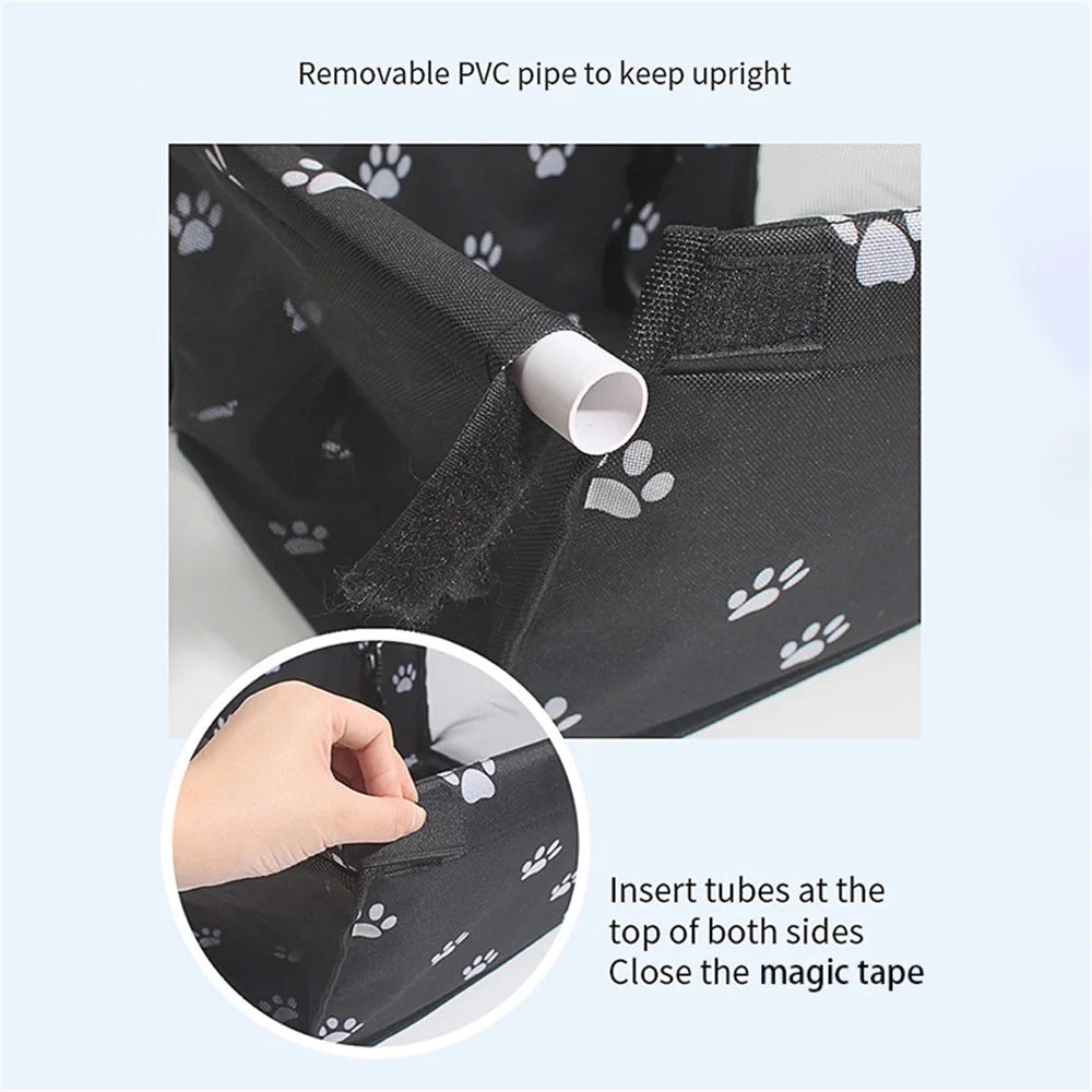 Pet Dog Booster Waterproof Puppy Cat Carrier Seat Foldable Oxford Cloth Pet Car Basket with PVC Tube Frame - Printed Black - 4