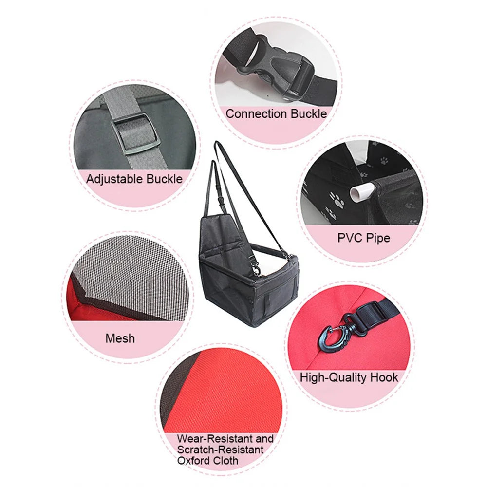 Pet Dog Booster Waterproof Puppy Cat Carrier Seat Foldable Oxford Cloth Pet Car Basket with PVC Tube Frame - Printed Black - 7