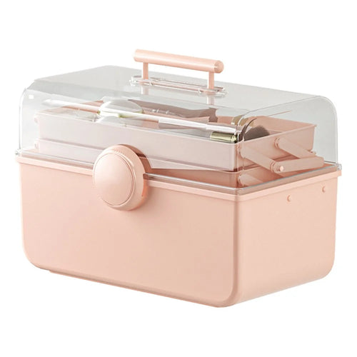 Size XL Desktop Cosmetics PP Storage Box Clear Lid Dustproof Makeup Organizer with Handle - Pink - 1
