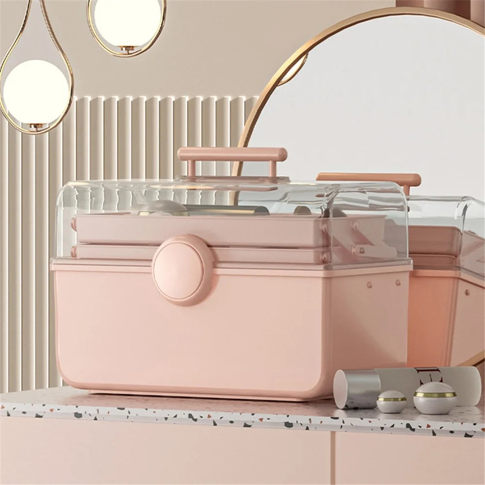 Size XL Desktop Cosmetics PP Storage Box Clear Lid Dustproof Makeup Organizer with Handle - Pink - 2