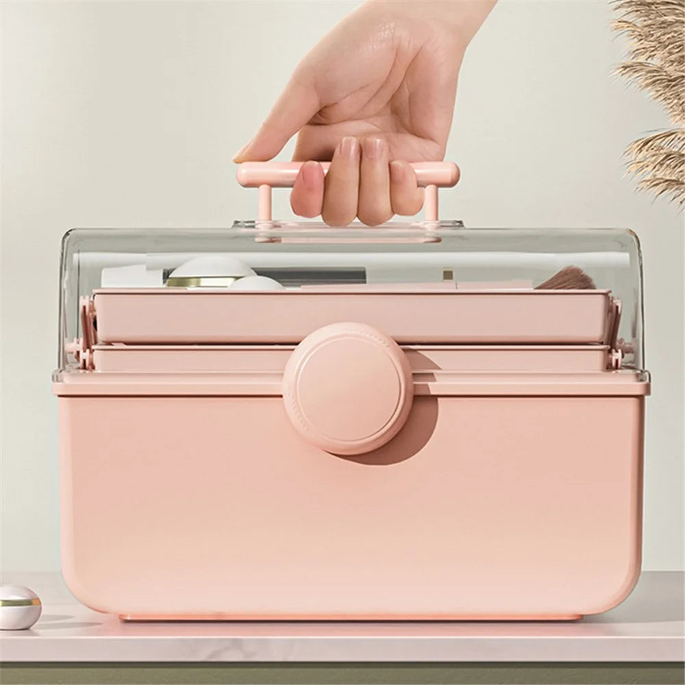 Size XL Desktop Cosmetics PP Storage Box Clear Lid Dustproof Makeup Organizer with Handle - Pink - 3
