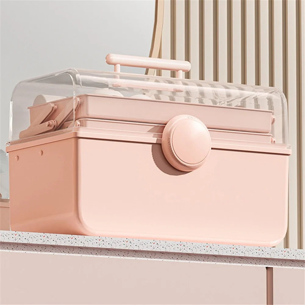Size XL Desktop Cosmetics PP Storage Box Clear Lid Dustproof Makeup Organizer with Handle - Pink - 4