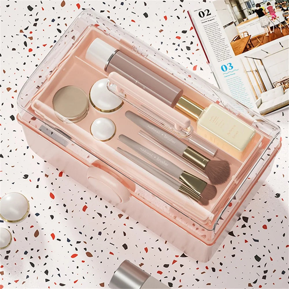 Size XL Desktop Cosmetics PP Storage Box Clear Lid Dustproof Makeup Organizer with Handle - Pink - 5