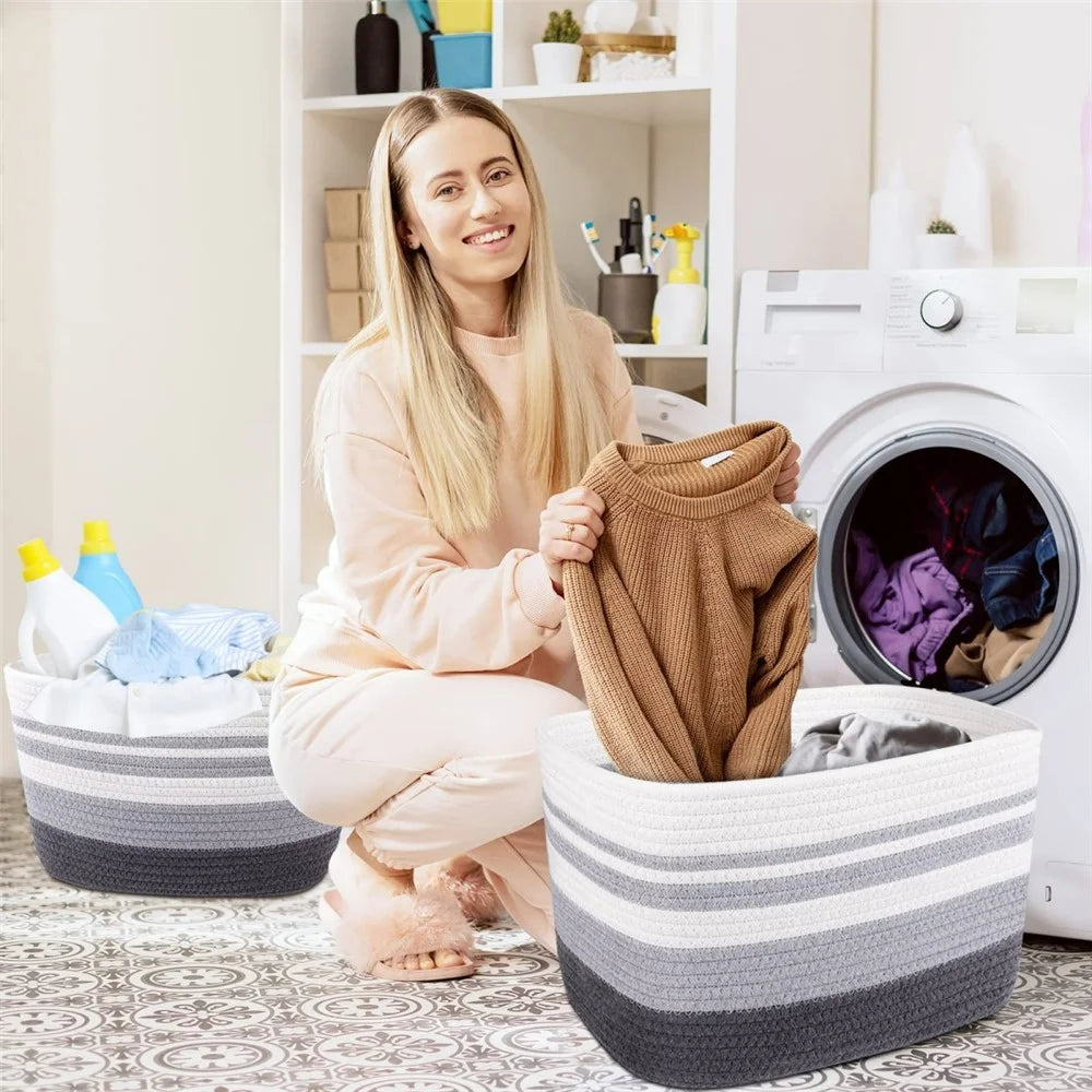 AB-091 Cotton Rope Color Splicing Storage Basket Toys Clothes Magazine Storage Basket - Grey - 2
