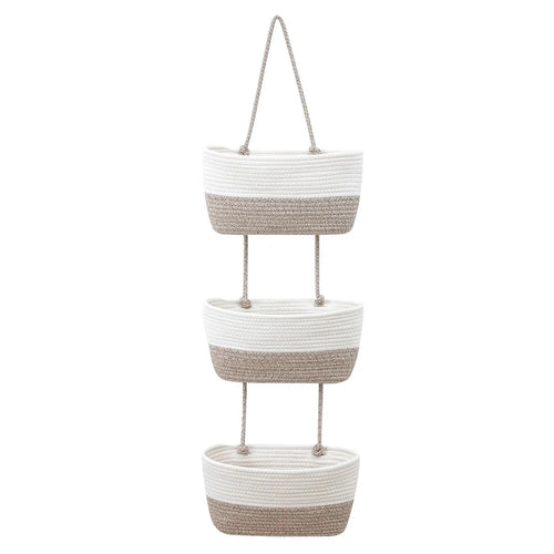 AB-034 Cotton Rope 3-layer Storage Basket Wall-mounted Door Hanging Storage Basket - White+Linen Color - 1