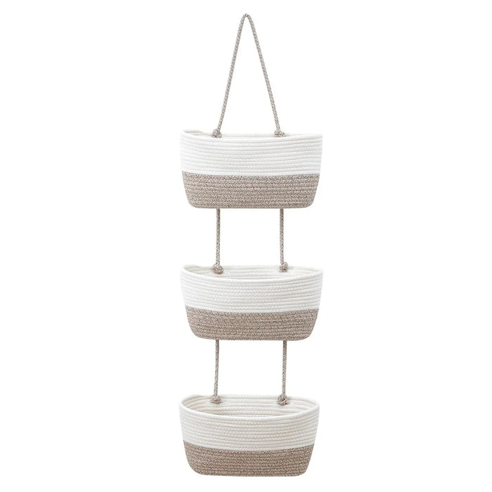 AB-034 Cotton Rope 3-layer Storage Basket Wall-mounted Door Hanging Storage Basket - White+Linen Color - 1