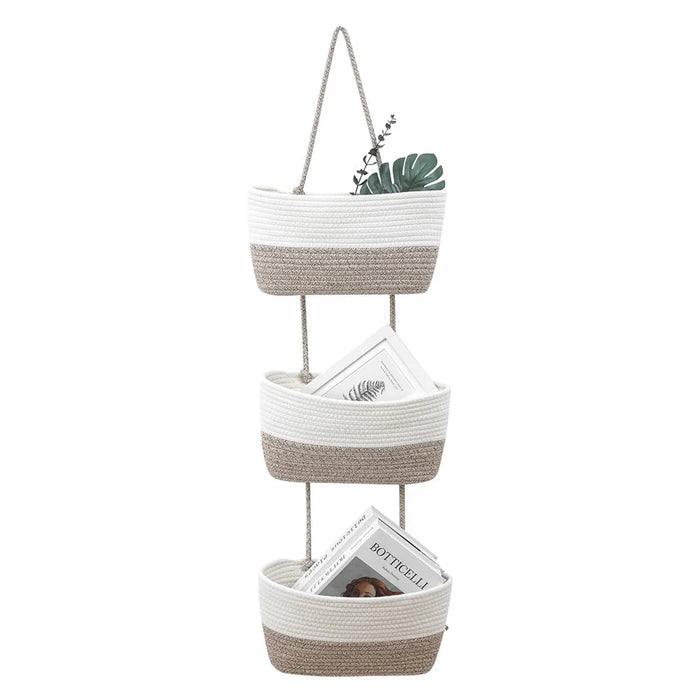 AB-034 Cotton Rope 3-layer Storage Basket Wall-mounted Door Hanging Storage Basket - White+Linen Color - 2