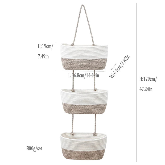 AB-034 Cotton Rope 3-layer Storage Basket Wall-mounted Door Hanging Storage Basket - White+Linen Color - 3