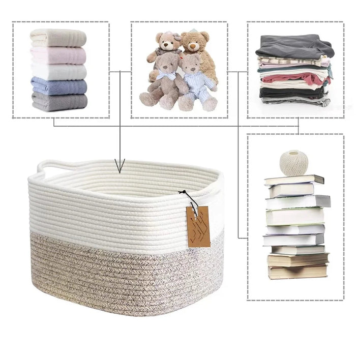 AB-008 Dirty Clothes Toys Magazine Storage Basket Dual Handle Cotton Rope Laundry Basket - White+Linen Color - 2