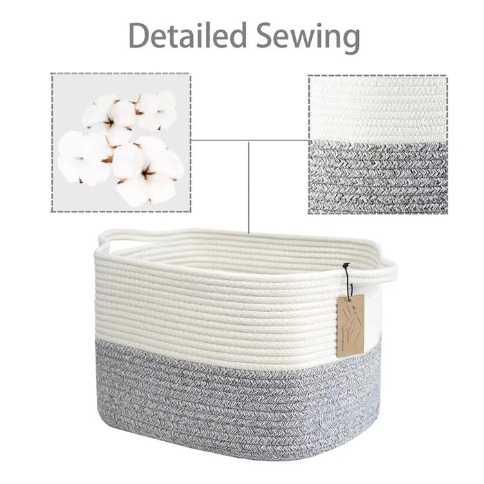 AB-008 Dirty Clothes Toys Magazine Storage Basket Dual Handle Cotton Rope Laundry Basket - White+Linen Color - 3