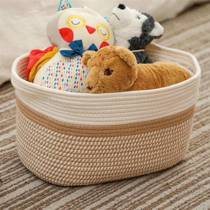 AB-008 Dirty Clothes Toys Magazine Storage Basket Dual Handle Cotton Rope Laundry Basket - White+Linen Color - 5
