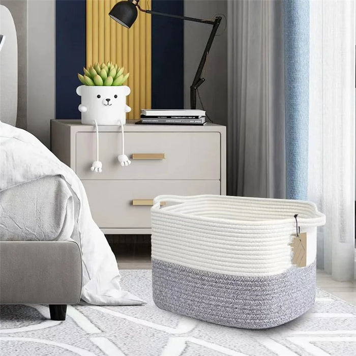 AB-008 Dirty Clothes Toys Magazine Storage Basket Dual Handle Cotton Rope Laundry Basket - White+Linen Color - 6